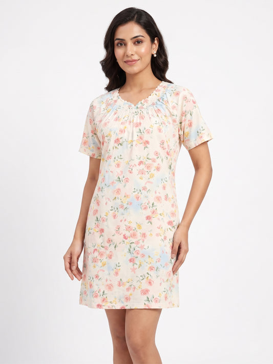 Fablush Women's 100% Rayon Short Nighty Nightwear | Soft Floral Printed Sleepwear | FB19005