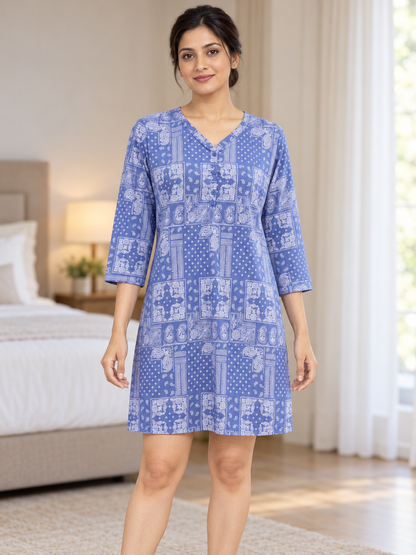 Fablush Women's 100% Cotton Short Nighty | Blue Printed Knee Length Nightdress | FB19006