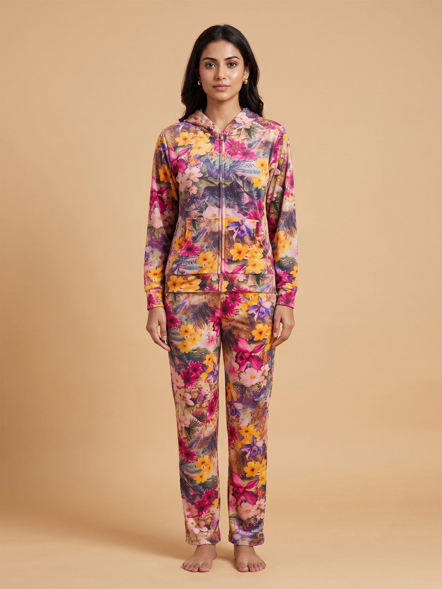 Fablush Women’s Tracksuit Nightwear | Velour Single Side Printed | Hooded Neck, Full Sleeves & Flared Pant | FB30004 Peach Brown Print