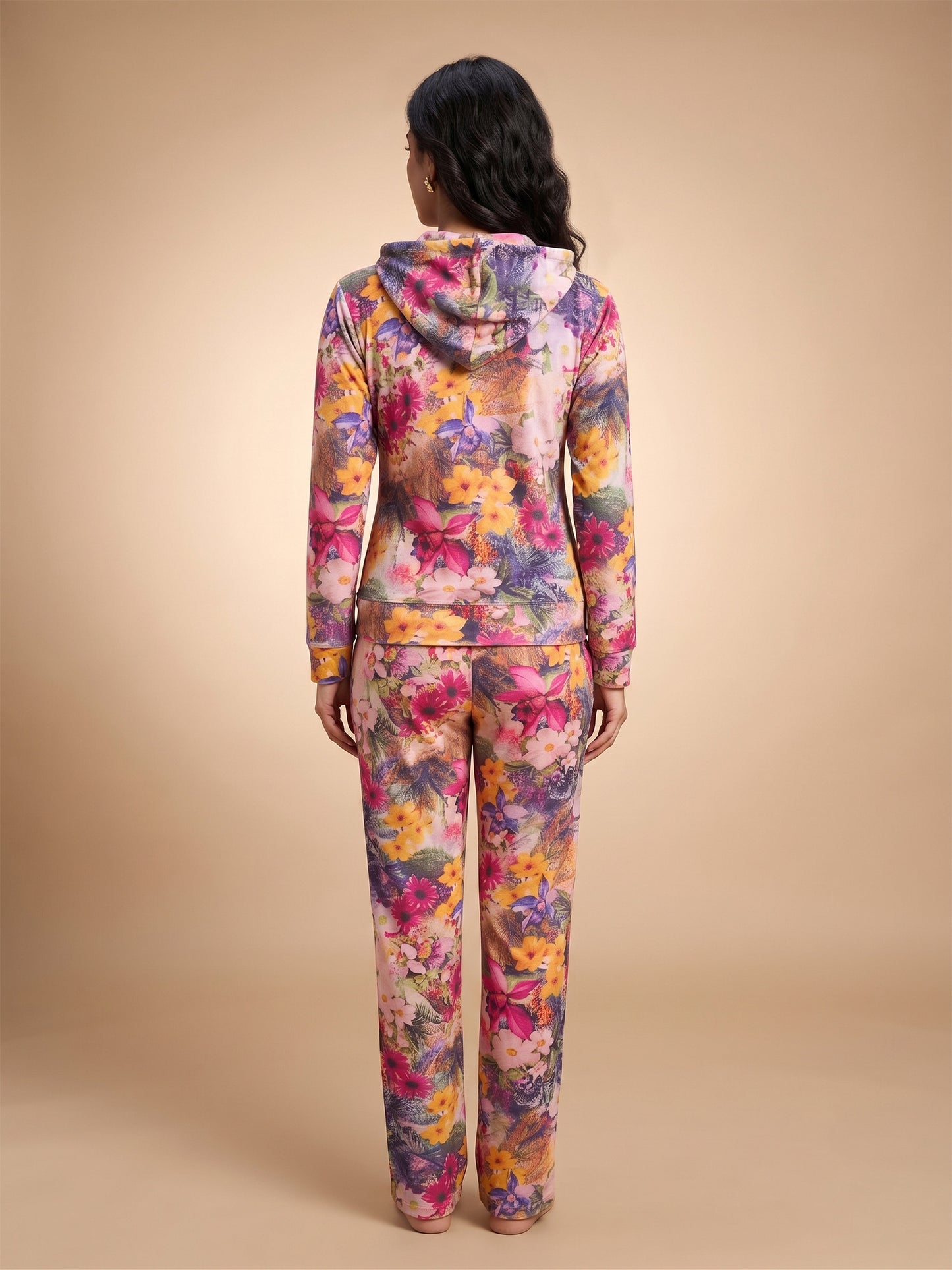 Fablush Women’s Tracksuit Nightwear | Velour Single Side Printed | Hooded Neck, Full Sleeves & Flared Pant | FB30004 Peach Brown Print