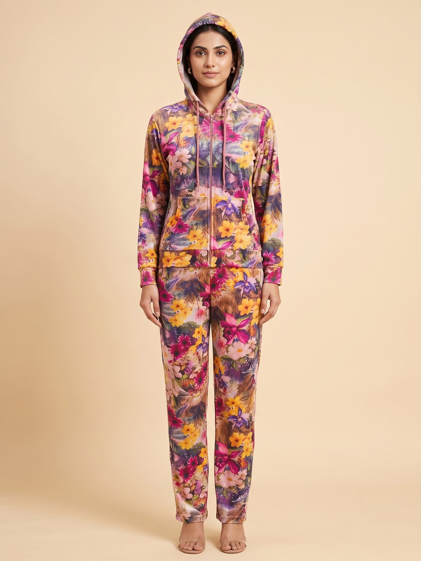 Fablush Women’s Tracksuit Nightwear | Velour Single Side Printed | Hooded Neck, Full Sleeves & Flared Pant | FB30004 Peach Brown Print