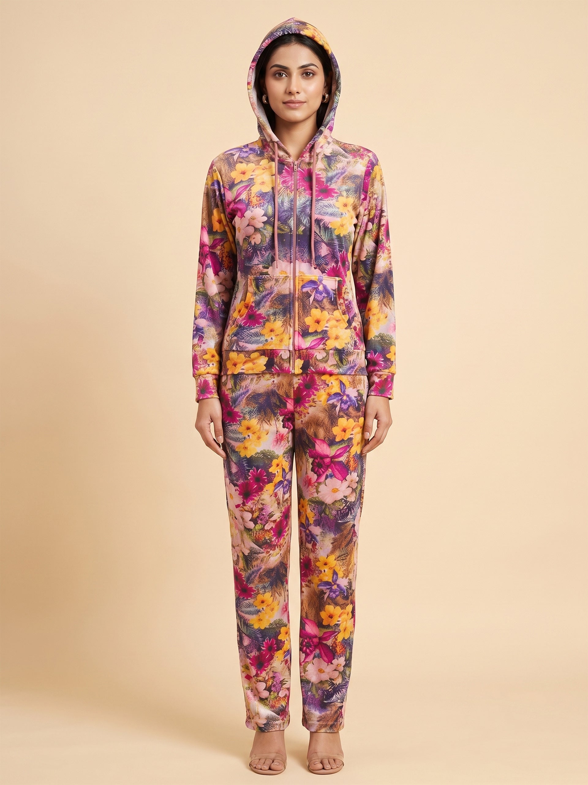 Fablush Women’s Tracksuit Nightwear | Velour Single Side Printed | Hooded Neck, Full Sleeves & Flared Pant | FB30004 Peach Brown Print