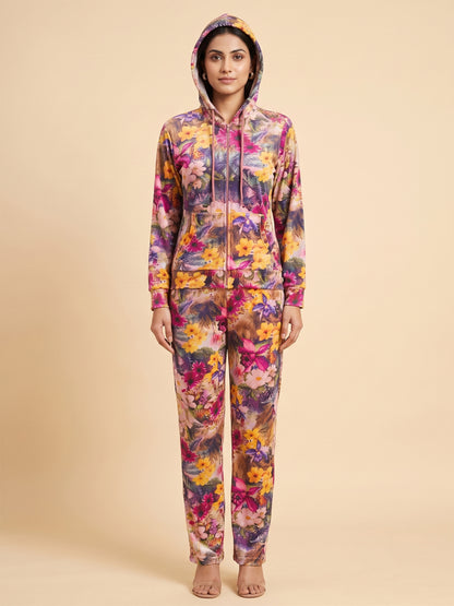 Fablush Women’s Tracksuit Nightwear | Velour Single Side Printed | Hooded Neck, Full Sleeves & Flared Pant | FB30004 Peach Brown Print
