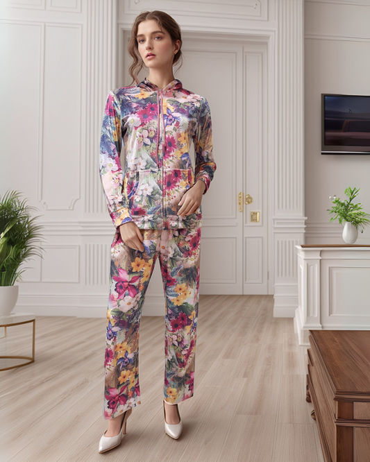 Fablush Women’s Tracksuit Nightwear | FB30004 | Velour Single Side Printed | Hooded Neck, Full Sleeves & Flared Pant