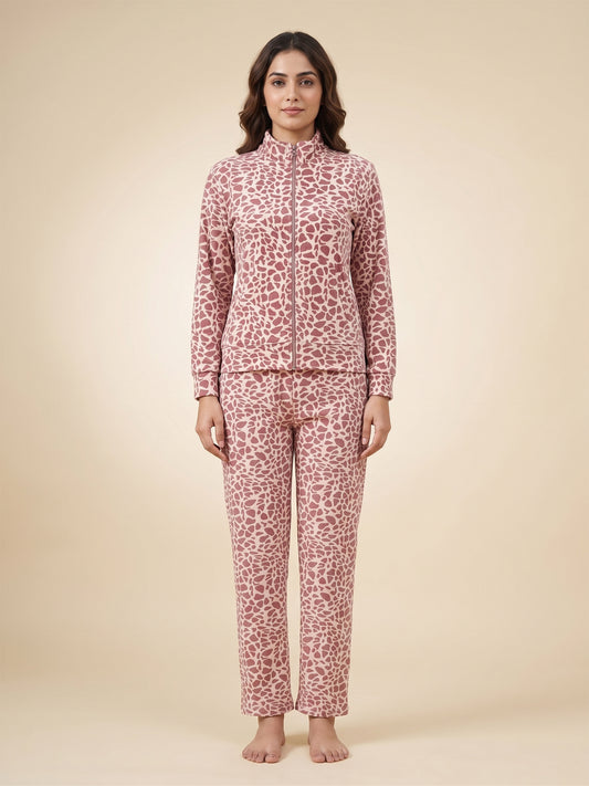 Fablush Women’s Tracksuit Nightwear | Luxe Velour Hoodie Set | FB30005 Animal Brown Print