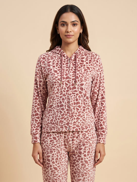 Fablush Women’s Tracksuit Nightwear | Luxe Velour Hoodie Set | FB30005 Animal Brown Print