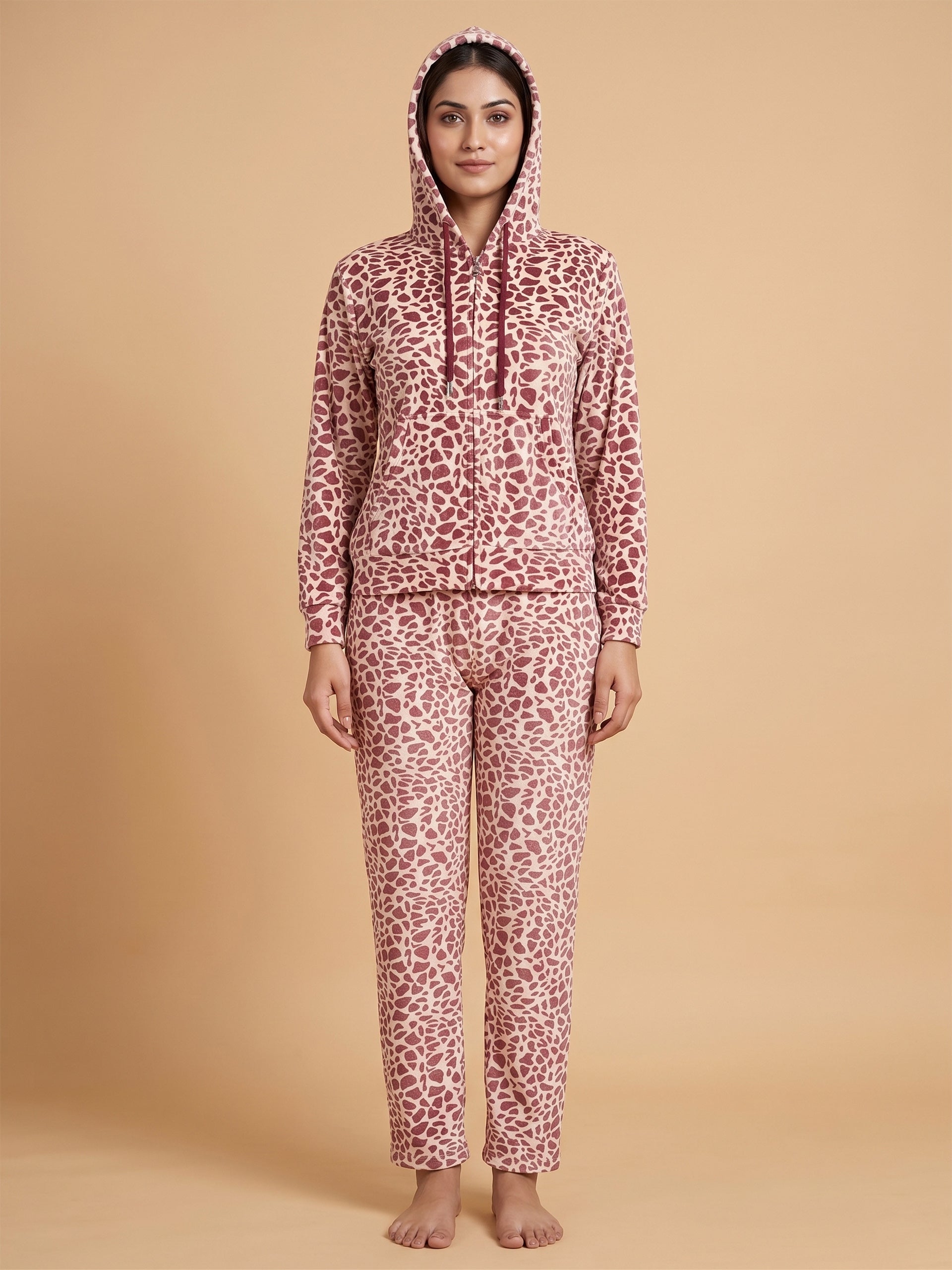 Fablush Women’s Tracksuit Nightwear | Luxe Velour Hoodie Set | FB30005 Animal Brown Print