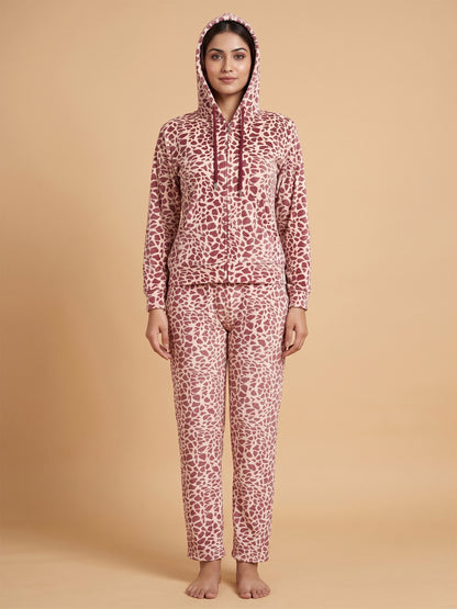 Fablush Women’s Tracksuit Nightwear | Luxe Velour Hoodie Set | FB30005 Animal Brown Print