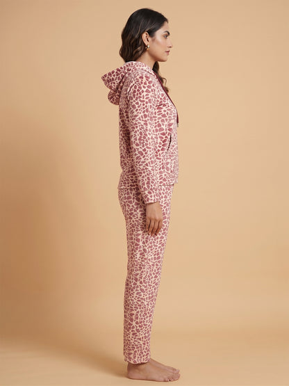 Fablush Women’s Tracksuit Nightwear | Luxe Velour Hoodie Set | FB30005 Animal Brown Print