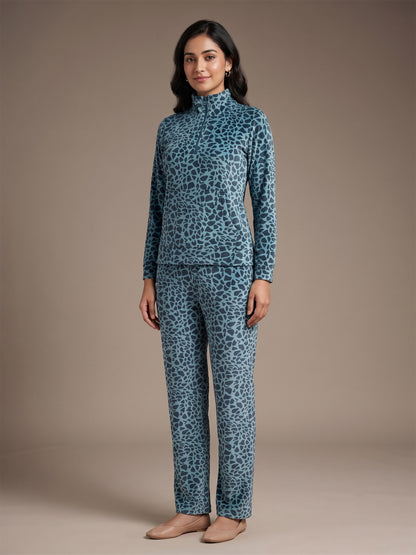 Fablush Women’s Tracksuit Nightwear | Luxe Velour Hi Neck Half Zipper Set | FB30006 Animal Blue Print
