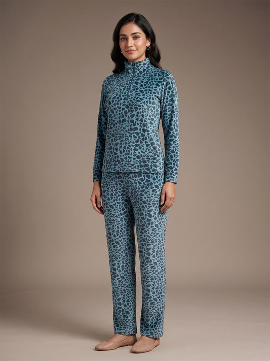 Fablush Women’s Tracksuit Nightwear | Luxe Velour Hi Neck Half Zipper Set | FB30006 Animal Blue Print