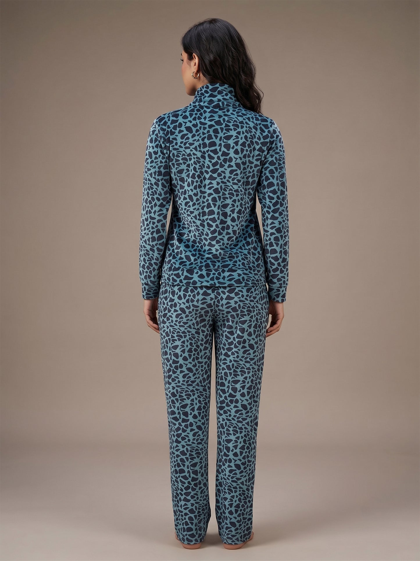 Fablush Women’s Tracksuit Nightwear | Luxe Velour Hi Neck Half Zipper Set | FB30006 Animal Blue Print