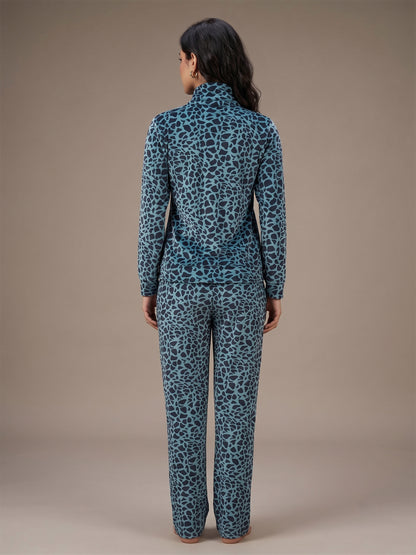 Fablush Women’s Tracksuit Nightwear | Luxe Velour Hi Neck Half Zipper Set | FB30006 Animal Blue Print