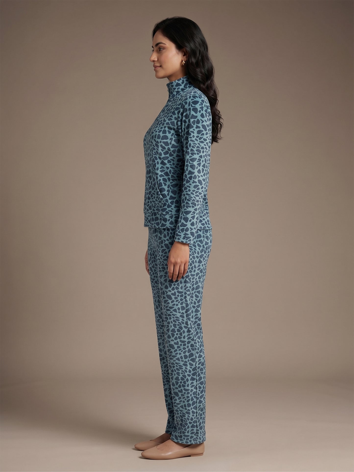 Fablush Women’s Tracksuit Nightwear | Luxe Velour Hi Neck Half Zipper Set | FB30006 Animal Blue Print