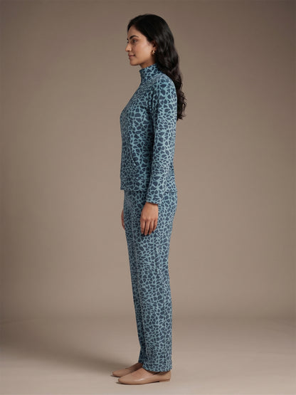 Fablush Women’s Tracksuit Nightwear | Luxe Velour Hi Neck Half Zipper Set | FB30006 Animal Blue Print
