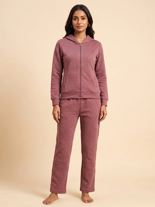 Fablush Women’s Tracksuit Nightwear | Hi Neck Half Zipper Luxe Velour Set | FB30007 Rose Brown