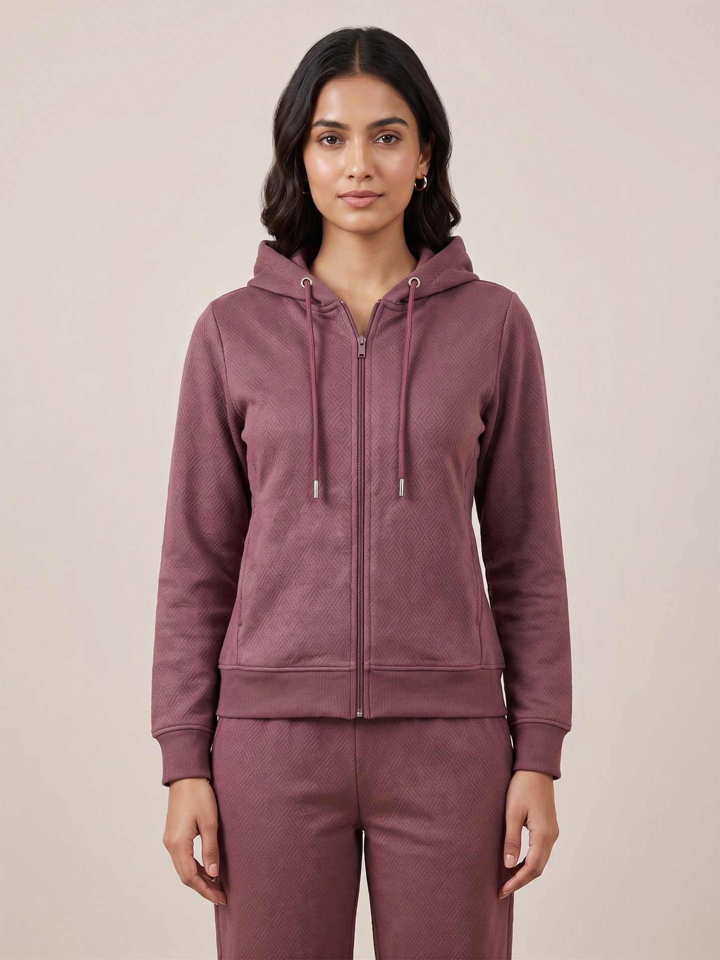 Fablush Women’s Tracksuit Nightwear | Hi Neck Half Zipper Luxe Velour Set | FB30007 Rose Brown
