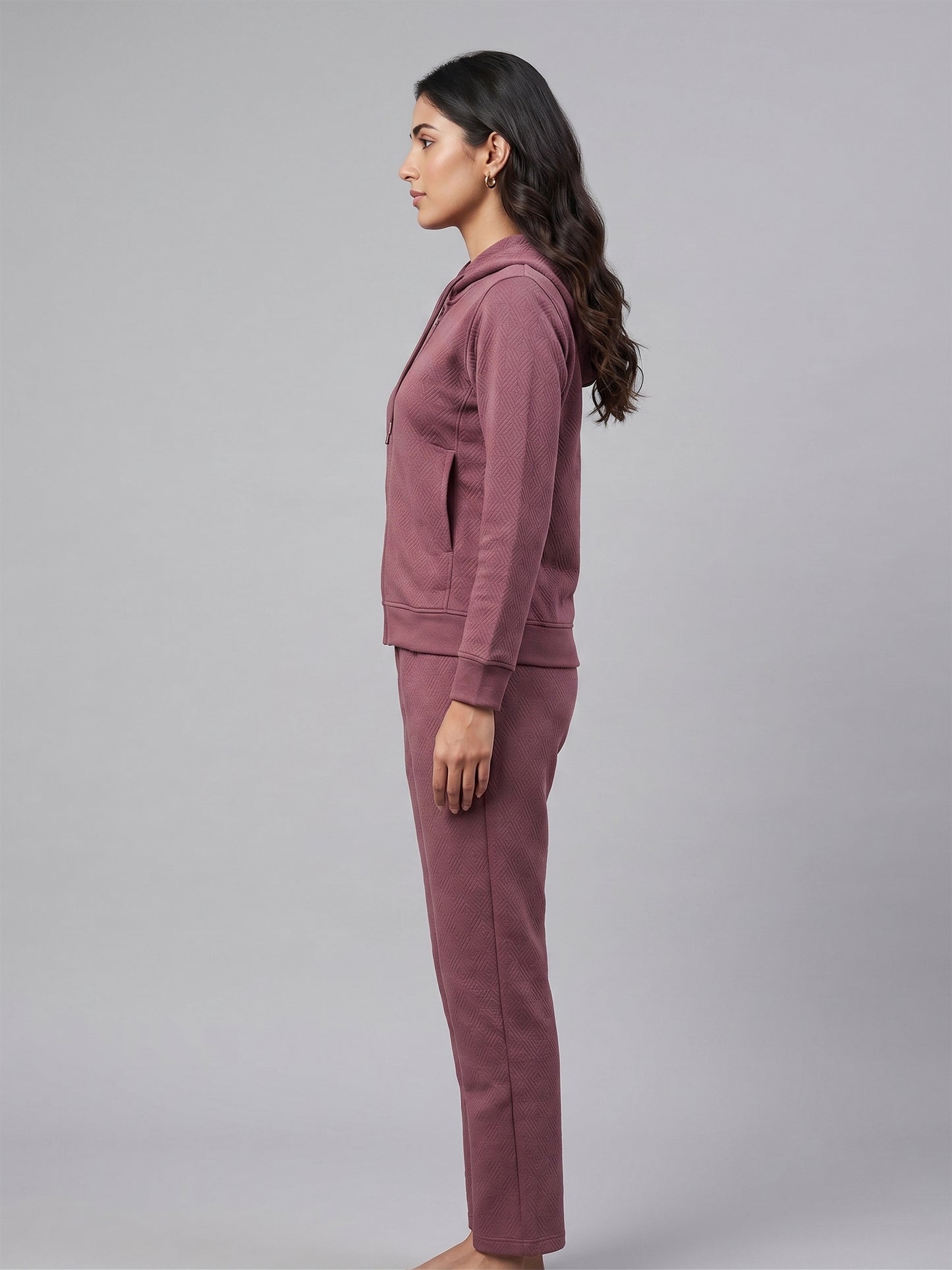 Fablush Women’s Tracksuit Nightwear | Hi Neck Half Zipper Luxe Velour Set | FB30007 Rose Brown