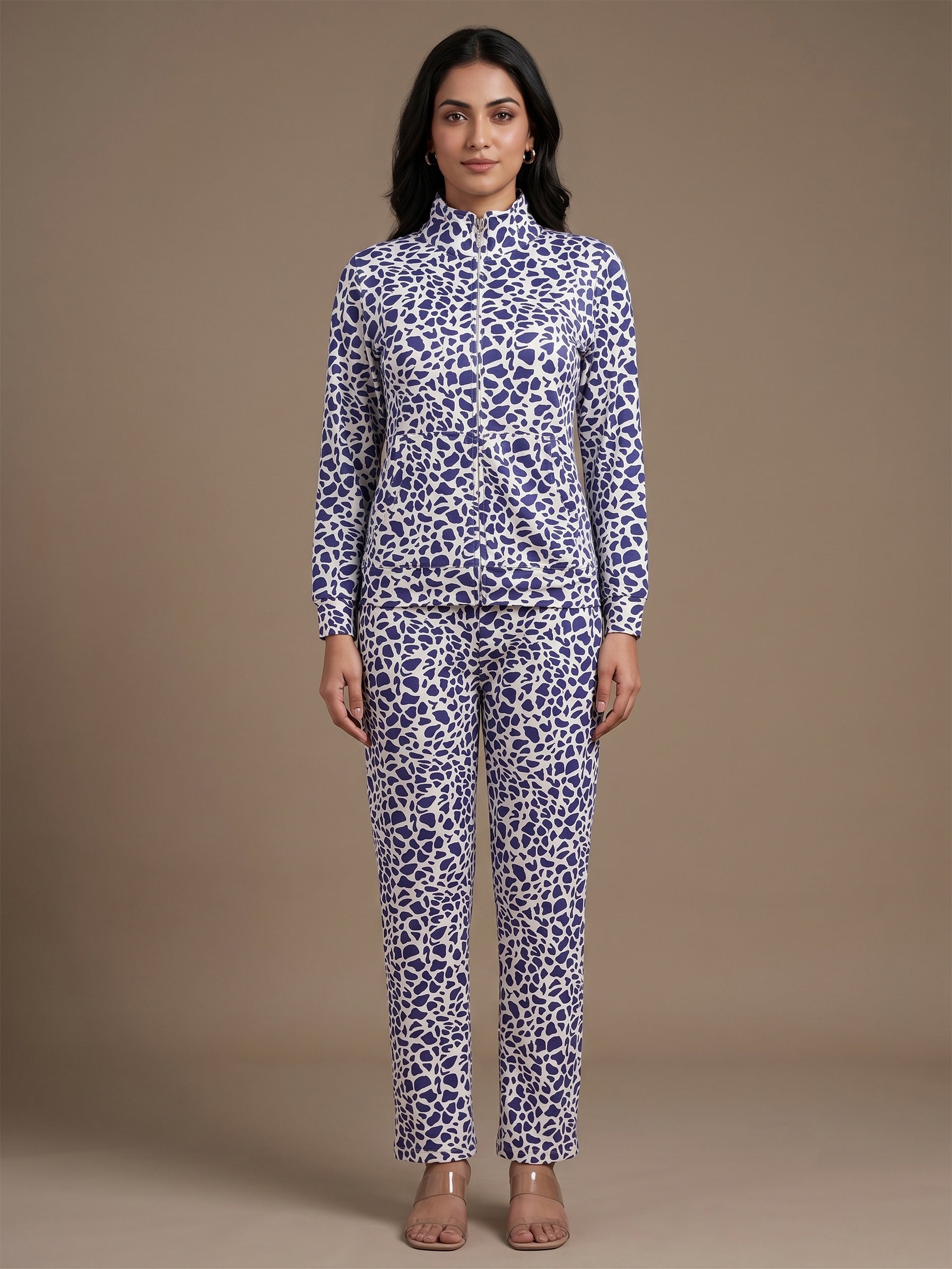 Fablush Women’s Tracksuit Nightwear | Hi Neck Full Zipper Luxe Velour Set | FB30008 Anilmal Purple Print