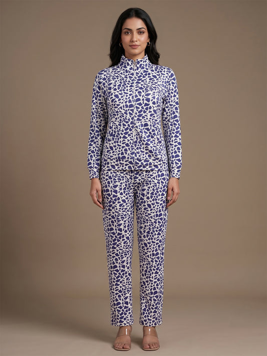 Fablush Women’s Tracksuit Nightwear | Hi Neck Full Zipper Luxe Velour Set | FB30008 Anilmal Purple Print