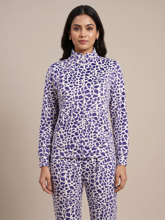 Fablush Women’s Tracksuit Nightwear | Hi Neck Full Zipper Luxe Velour Set | FB30008 Anilmal Purple Print