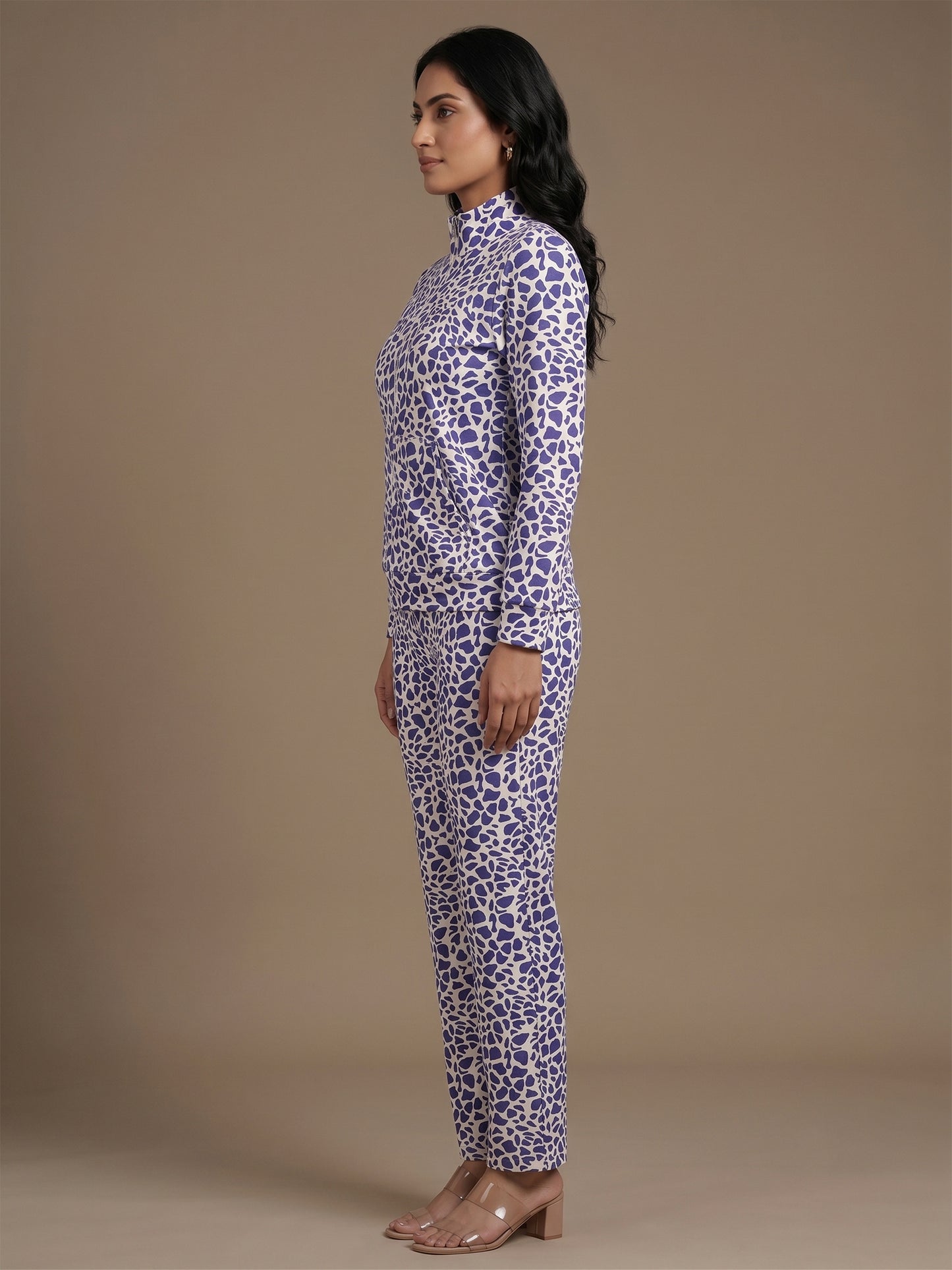 Fablush Women’s Tracksuit Nightwear | Hi Neck Full Zipper Luxe Velour Set | FB30008 Anilmal Purple Print