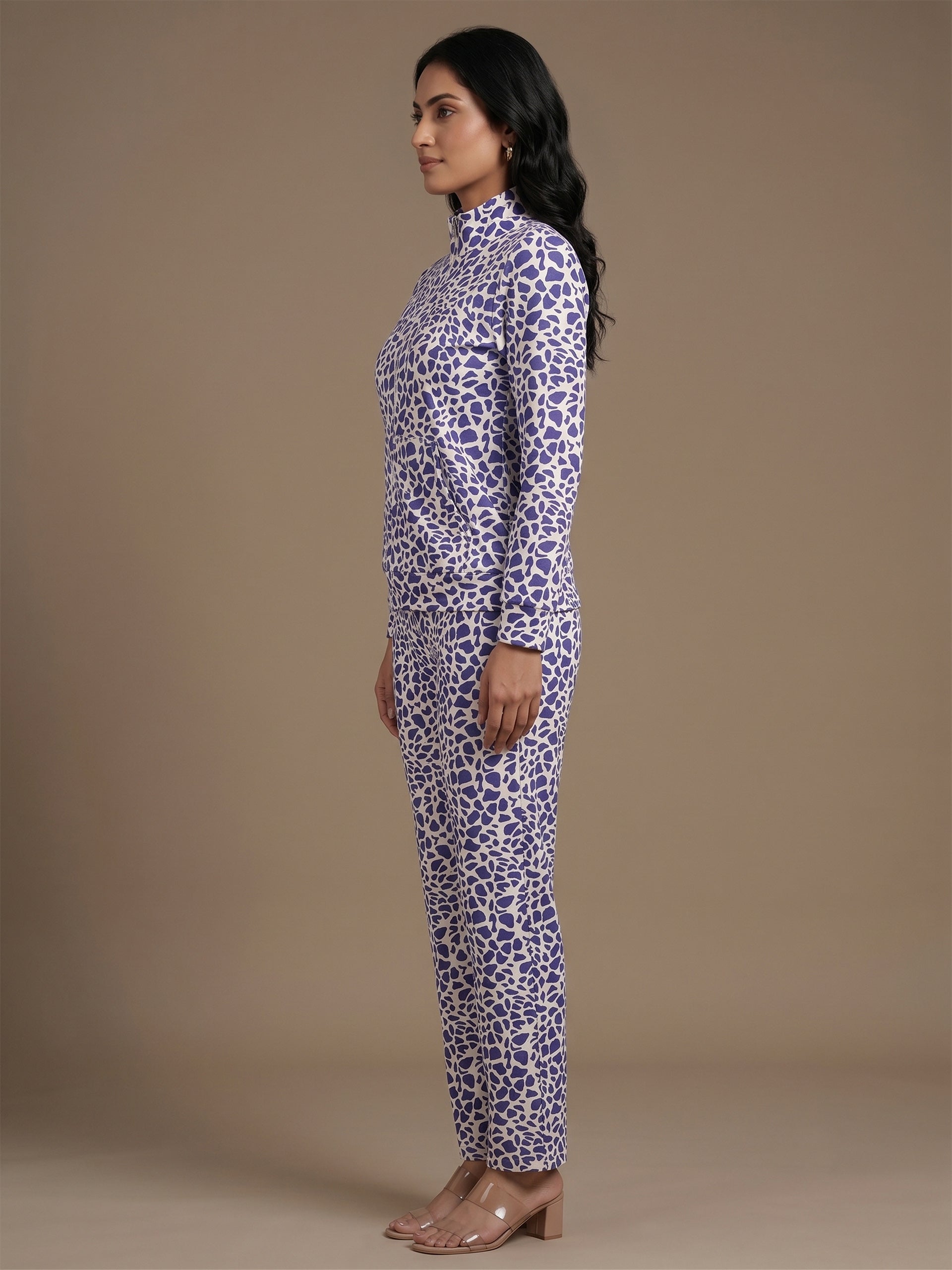 Fablush Women’s Tracksuit Nightwear | Hi Neck Full Zipper Luxe Velour Set | FB30008 Anilmal Purple Print