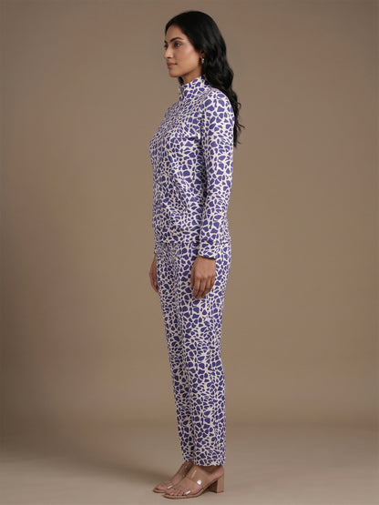 Fablush Women’s Tracksuit Nightwear | Hi Neck Full Zipper Luxe Velour Set | FB30008 Anilmal Purple Print