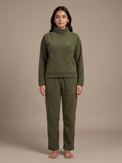 Fablush Women’s Full Sleeves PJ Set | Antipeeling Hi Neck Tracksuit Nightwear | FB34003 Green