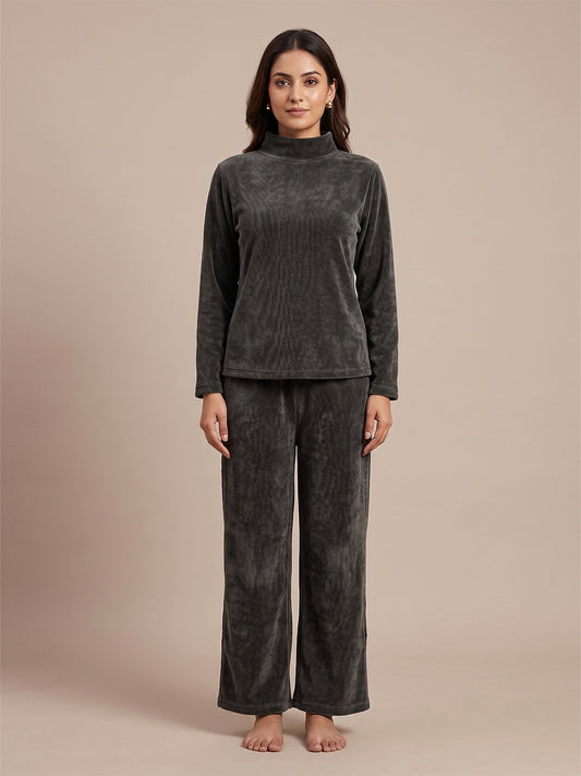 Fablush Women’s Full Sleeves PJ Set | Polyamide Lycra Stretch Nightwear | FB34004 Grey