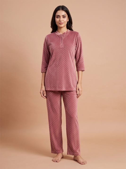 Fablush Women’s Kurti Nightsuit Full Sleeves Set | Printed Velour | Fb35003 Brown Polka Dot
