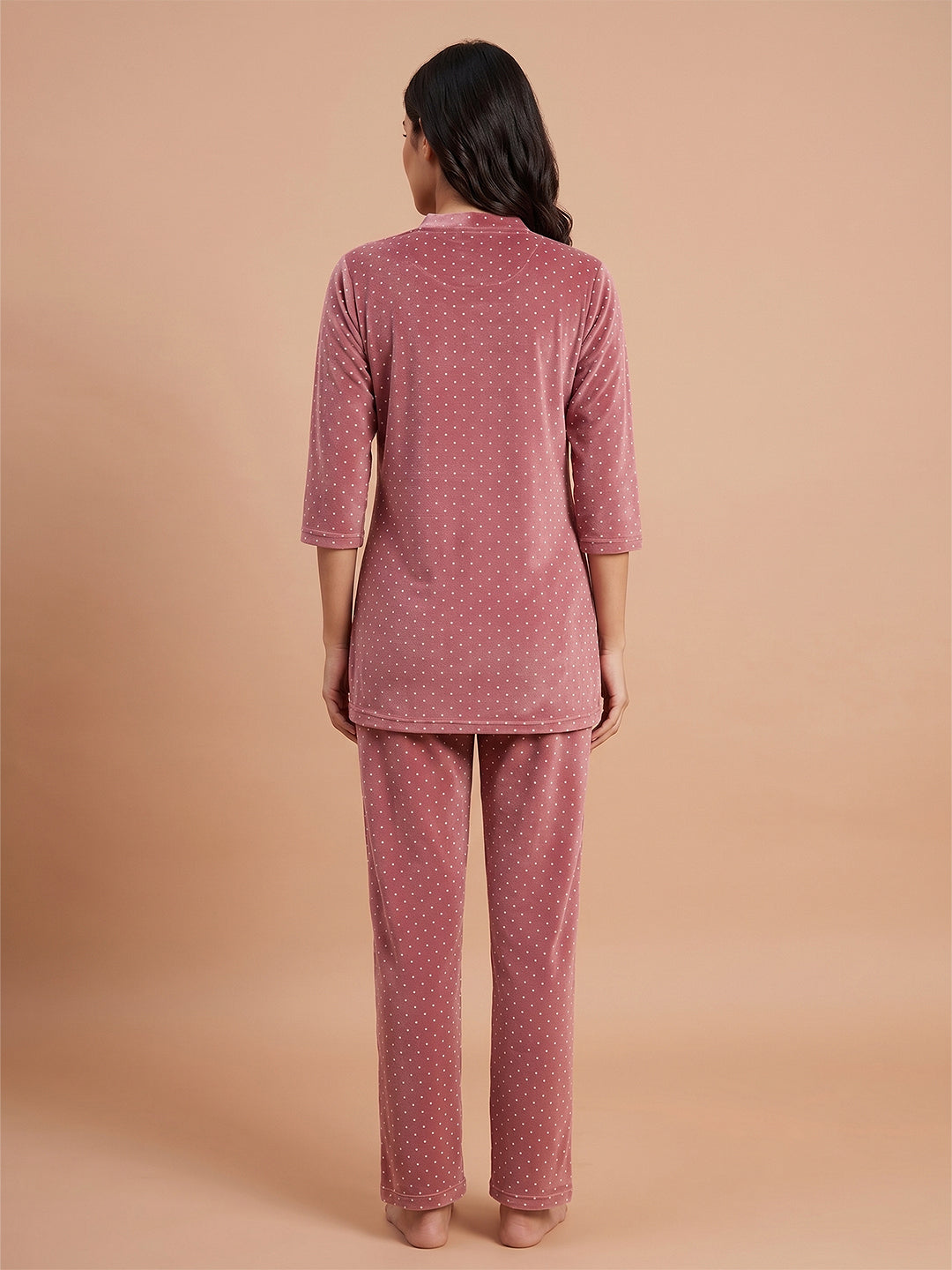 Fablush Women’s Kurti Nightsuit Full Sleeves Set | Printed Velour | Fb35003 Brown Polka Dot