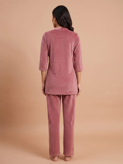 Fablush Women’s Kurti Nightsuit Full Sleeves Set | Printed Velour | Fb35003 Brown Polka Dot