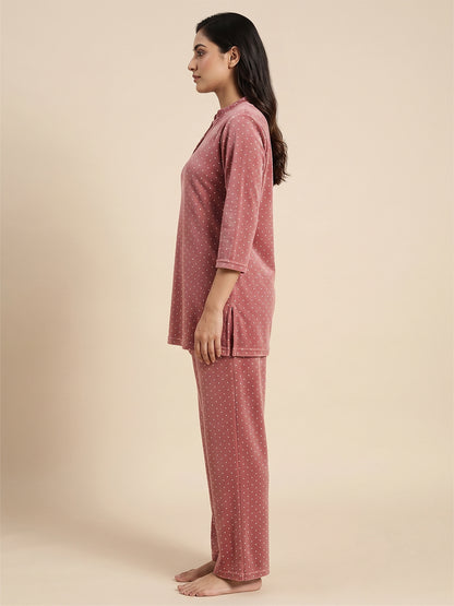 Fablush Women’s Kurti Nightsuit Full Sleeves Set | Printed Velour | Fb35003 Brown Polka Dot