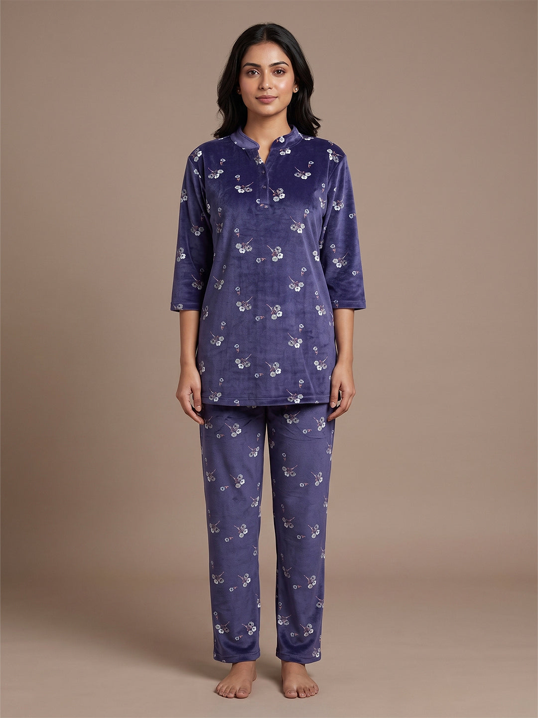 Fablush Women’s Kurti Nightsuit Full Sleeves Set | Printed Velour | Fb35004 Blue Printed