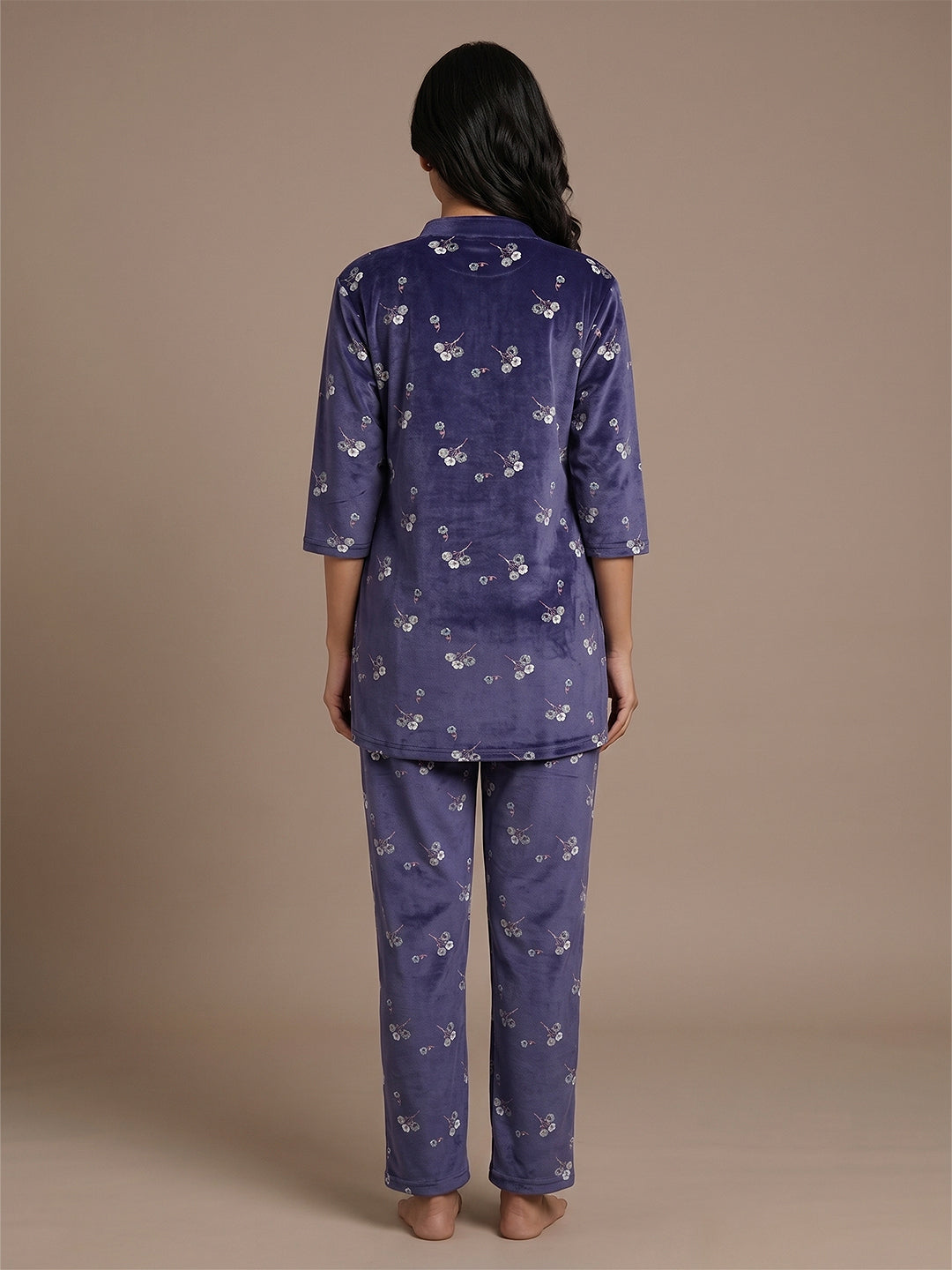 Fablush Women’s Kurti Nightsuit Full Sleeves Set | Printed Velour | Fb35004 Blue Printed