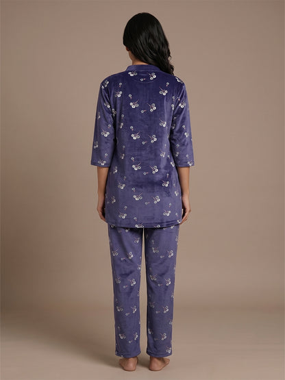 Fablush Women’s Kurti Nightsuit Full Sleeves Set | Printed Velour | Fb35004 Blue Printed