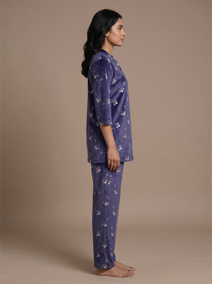 Fablush Women’s Kurti Nightsuit Full Sleeves Set | Printed Velour | Fb35004 Blue Printed