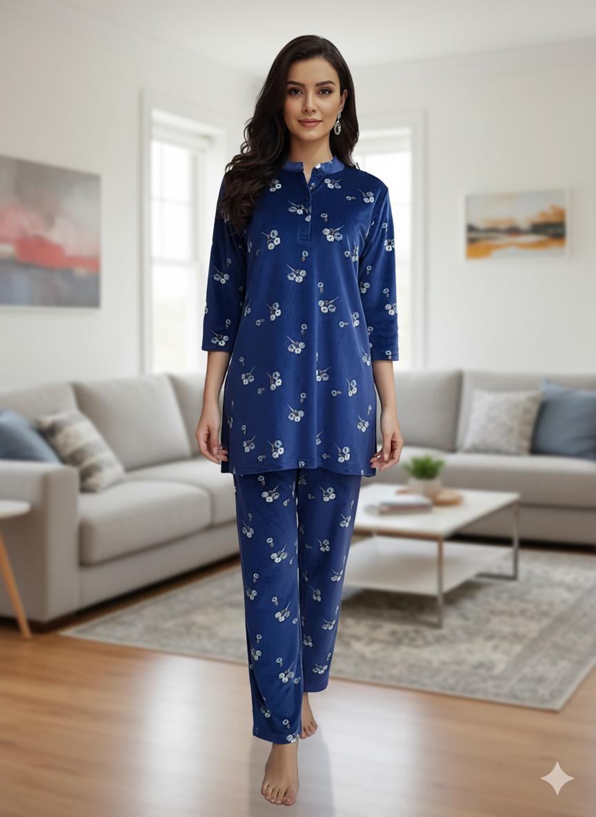 Fablush Women’s Kurti Nightsuit Full Sleeves Set | Printed Velour | Fb35004 Blue Printed