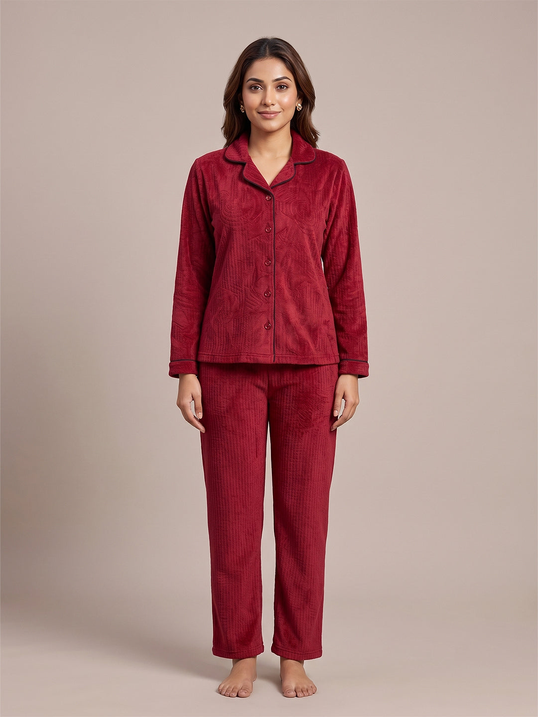 Fablush Front Open Full Sleeves Nightsuit Women's Nightwear Set | Fb37001 Maroon