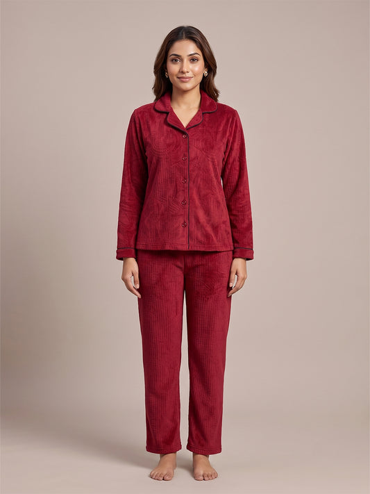 Fablush Front Open Full Sleeves Nightsuit Women's Nightwear Set | Fb37001 Maroon