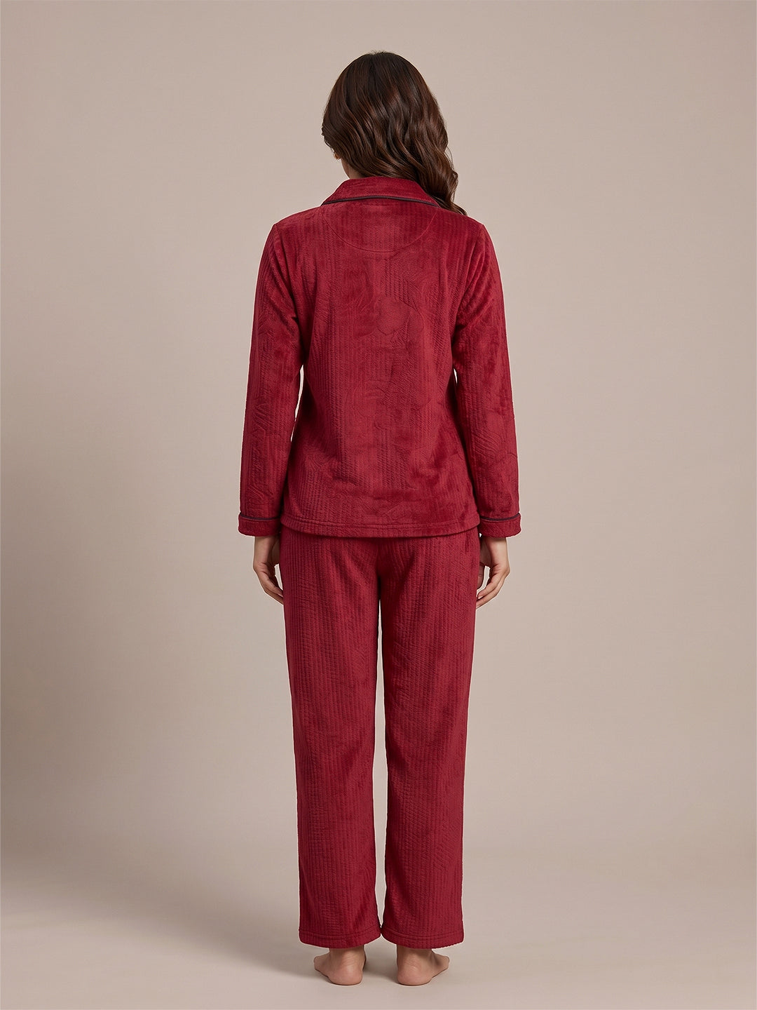 Fablush Front Open Full Sleeves Nightsuit Women's Nightwear Set | Fb37001 Maroon