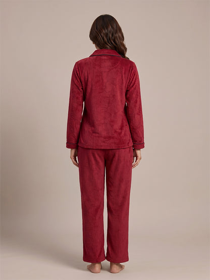 Fablush Front Open Full Sleeves Nightsuit Women's Nightwear Set | Fb37001 Maroon