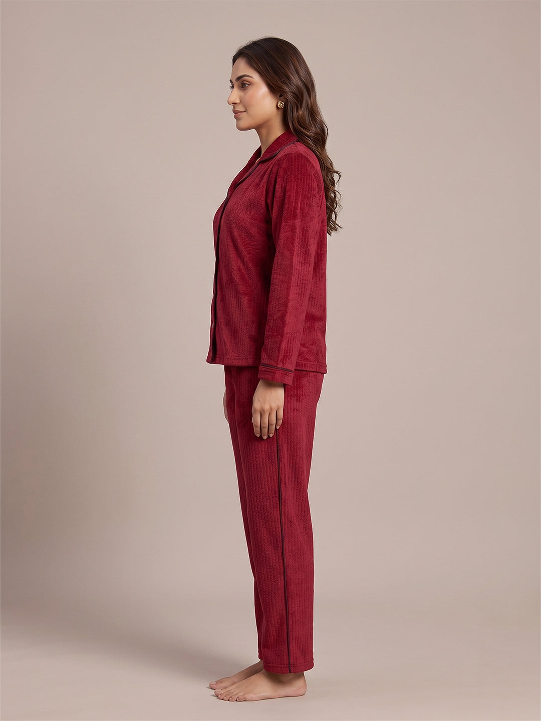 Fablush Front Open Full Sleeves Nightsuit Women's Nightwear Set | Fb37001 Maroon