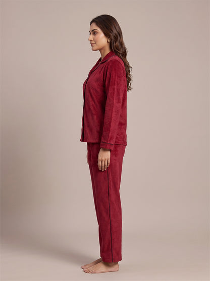 Fablush Front Open Full Sleeves Nightsuit Women's Nightwear Set | Fb37001 Maroon