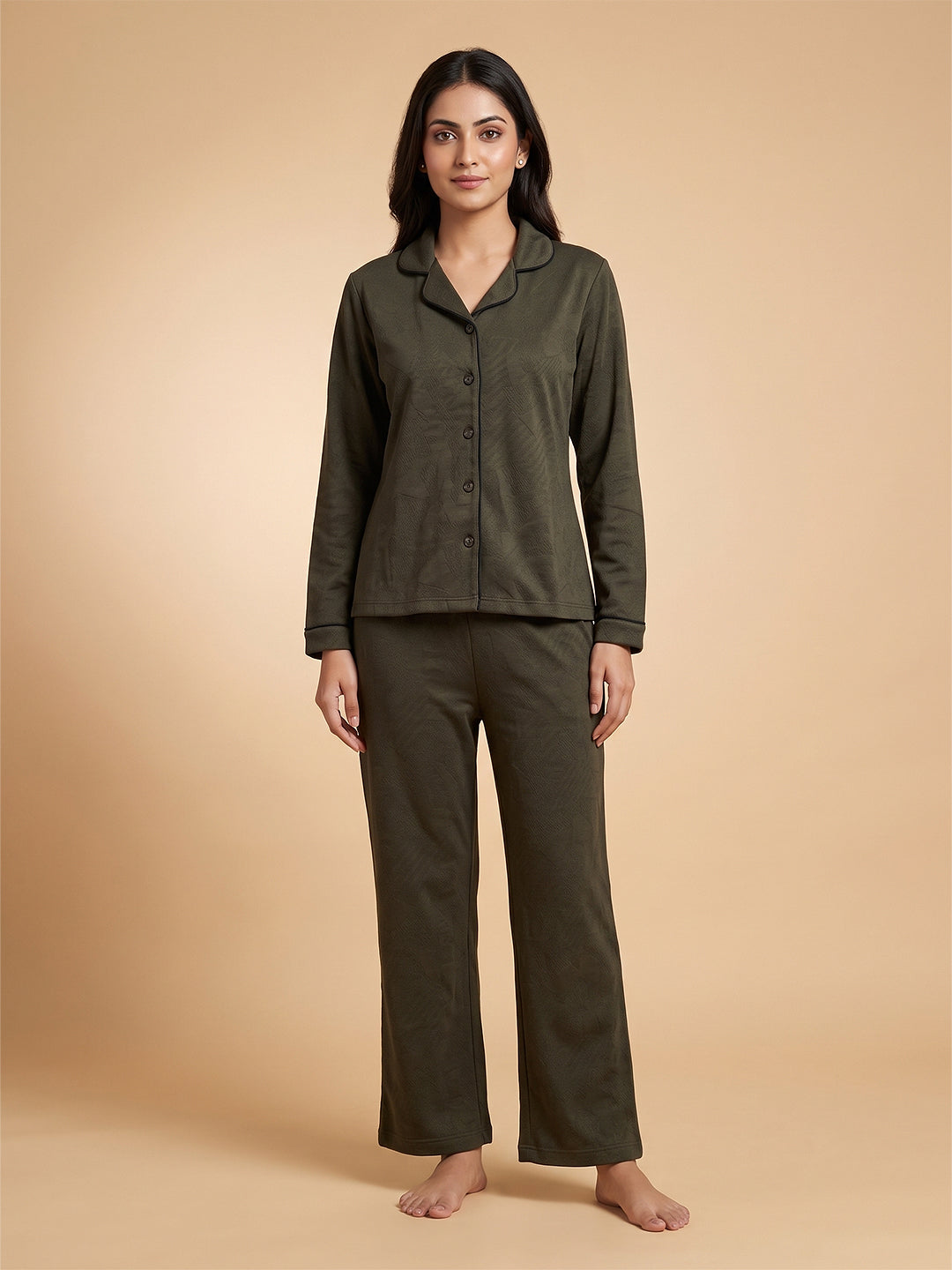 Fablush Front Open Full Sleeves Nightsuit Women's Nightwear Set | Fb37001 Bottle Green