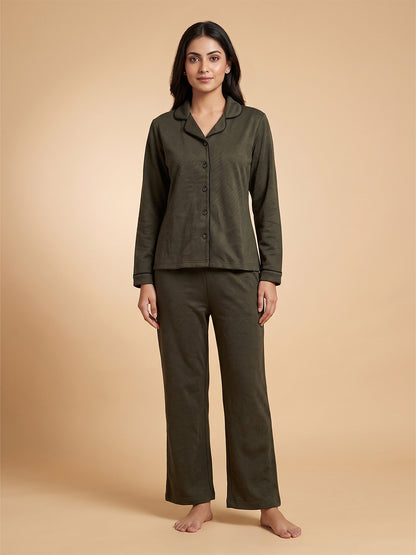 Fablush Front Open Full Sleeves Nightsuit Women's Nightwear Set | Fb37001 Bottle Green