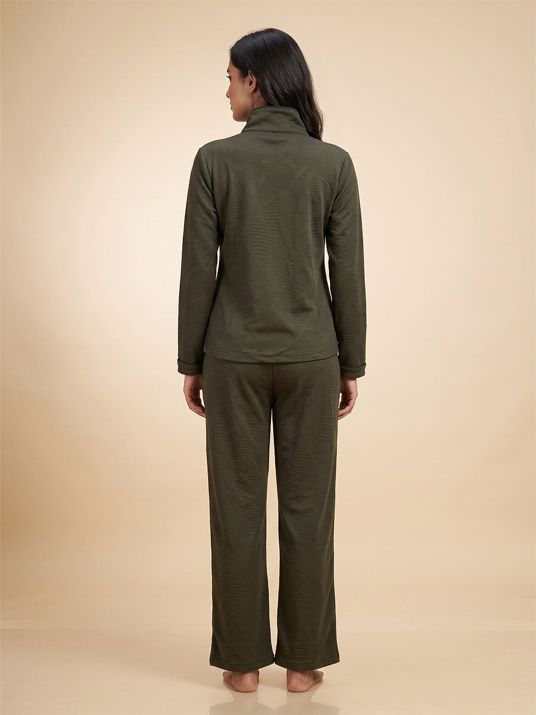 Fablush Front Open Full Sleeves Nightsuit Women's Nightwear Set | Fb37001 Bottle Green