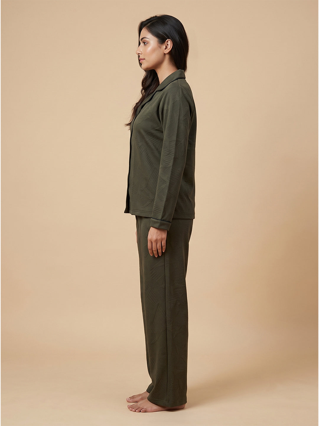 Fablush Front Open Full Sleeves Nightsuit Women's Nightwear Set | Fb37001 Bottle Green