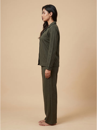Fablush Front Open Full Sleeves Nightsuit Women's Nightwear Set | Fb37001 Bottle Green